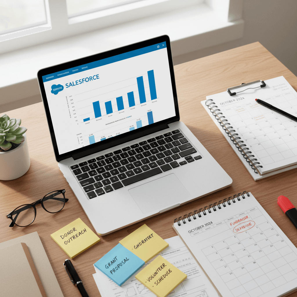 Nonprofit staff member reviewing Salesforce reports with a consultant