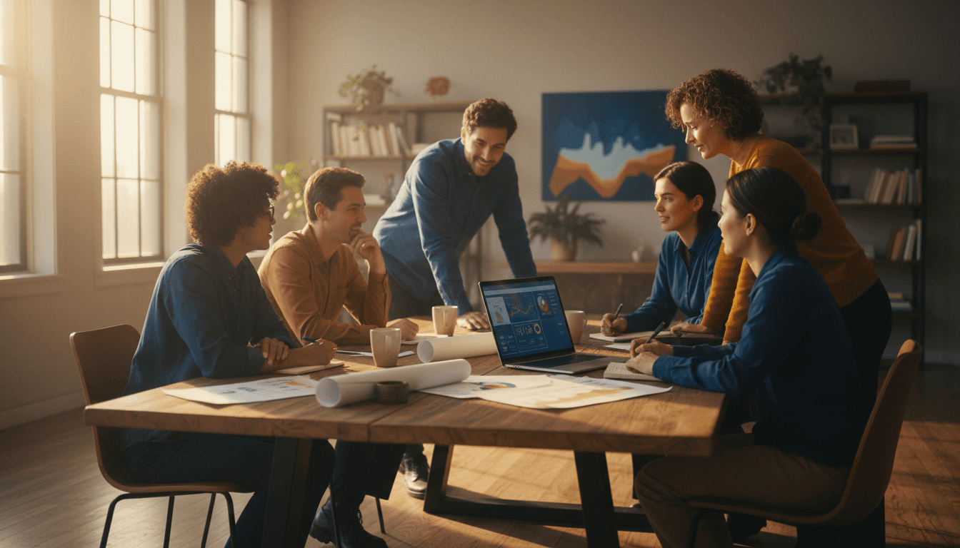 Nonprofit team members collaborating around a table with Salesforce data visible on laptop screen in a warm, sunlit Indianapolis office