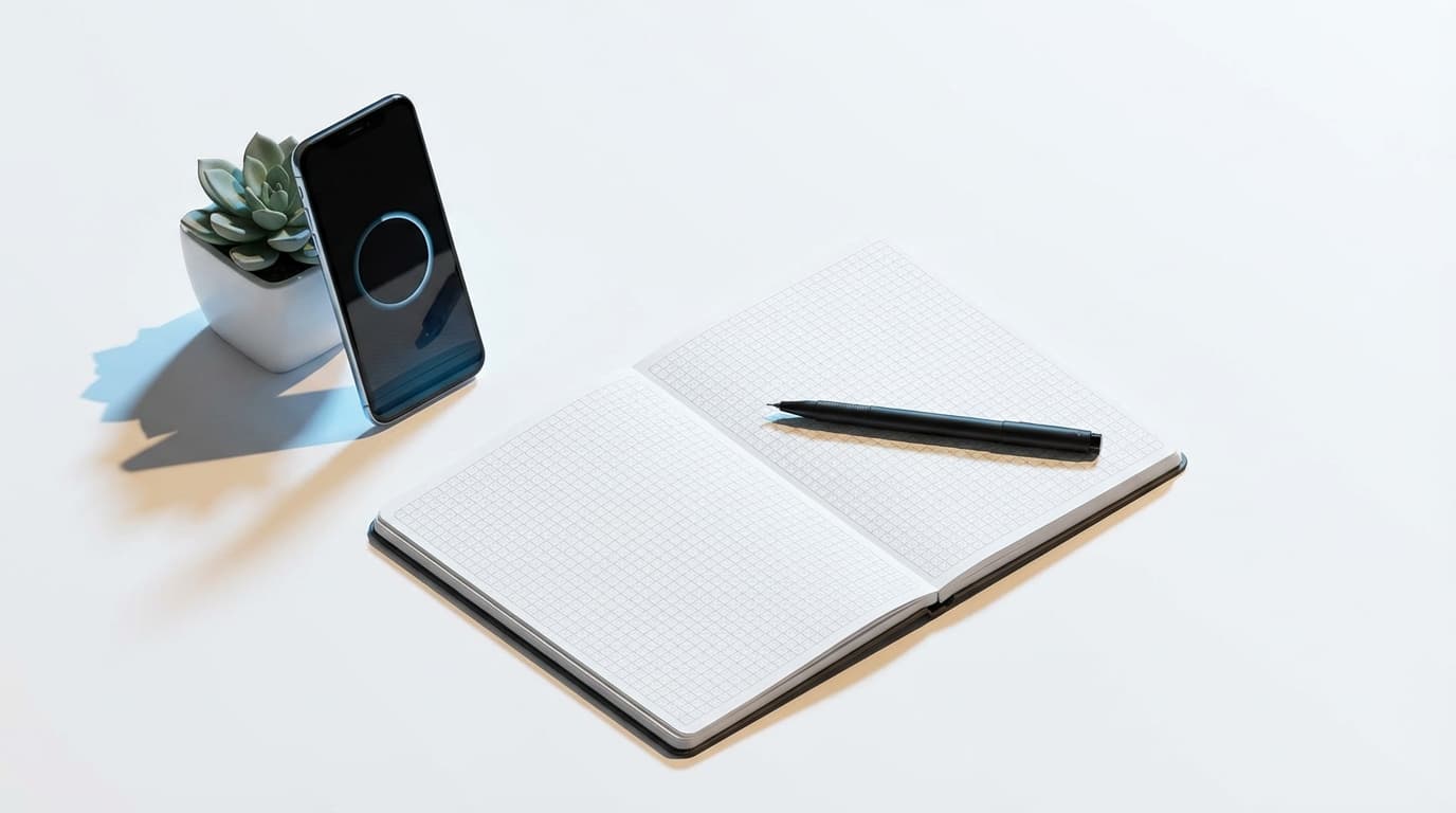 Notebook with handwritten notes, pen, and smartphone showing calendar