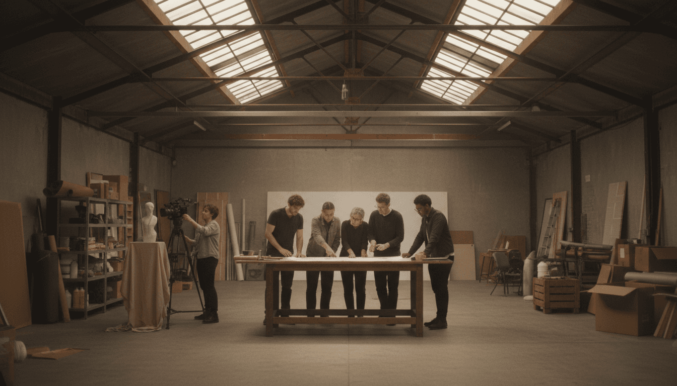 Team members collaborating in an office space during a working session