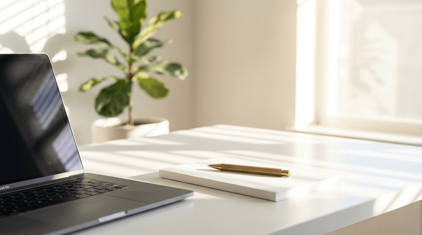 Professional working at a laptop with natural light and mission-driven workspace elements visible