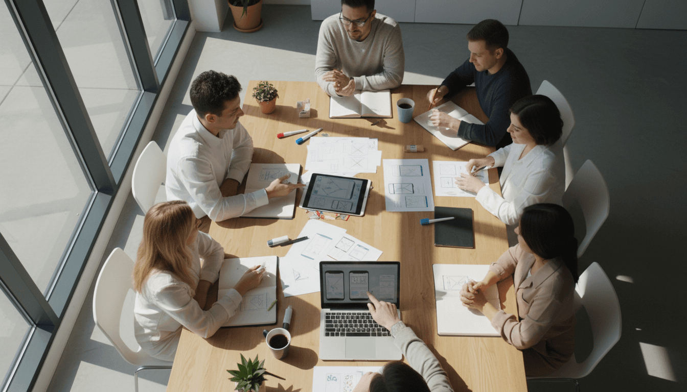 Two people collaborating at a desk, discussing Salesforce customization plans and sketches